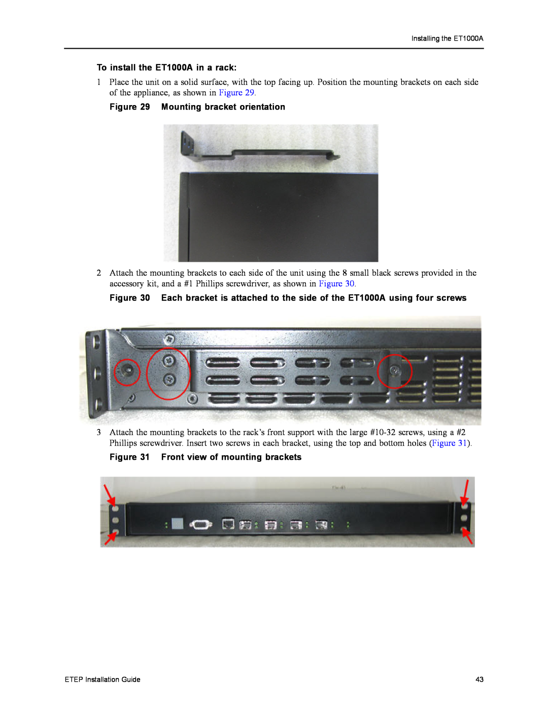 Black Box ET10000A manual To install the ET1000A in a rack, Mounting bracket orientation, Front view of mounting brackets 
