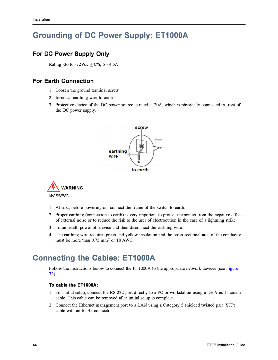Black Box EncrypTight Enforcement Point (ETEP) manual Grounding of DC Power Supply ET1000A, Connecting the Cables ET1000A 