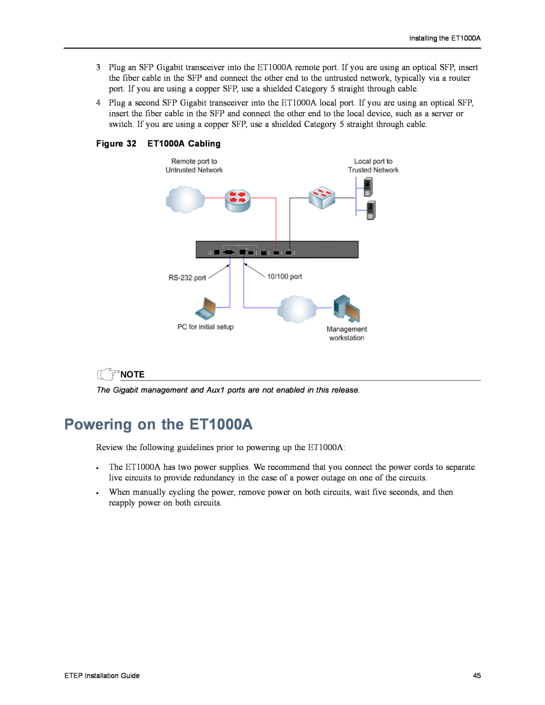 Black Box ET0010A, ET0100A, ET10000A, EncrypTight Enforcement Point (ETEP) manual Powering on the ET1000A, ET1000A Cabling 