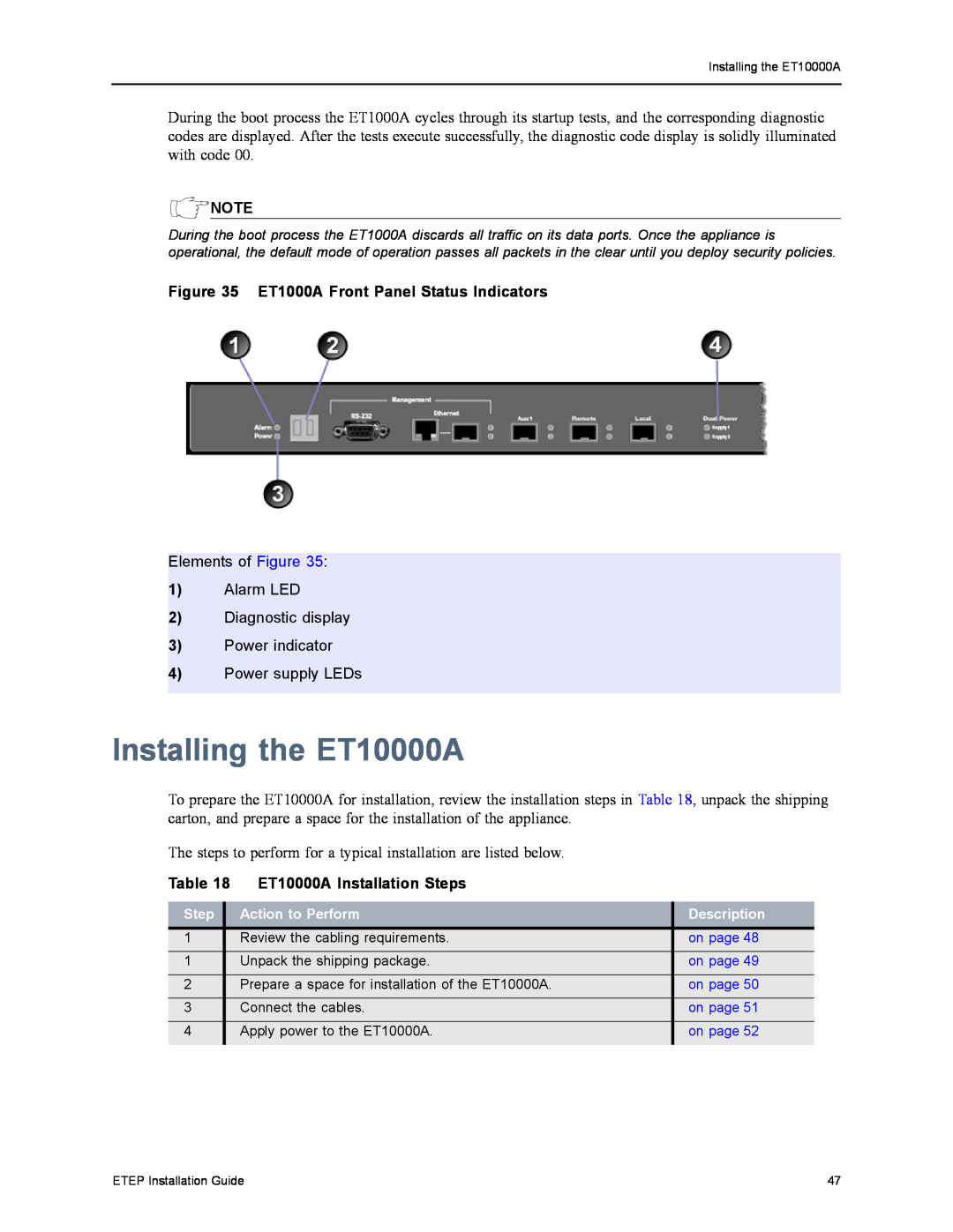 Black Box ET0100A, ET0010A Installing the ET10000A, ET1000A Front Panel Status Indicators, ET10000A Installation Steps 