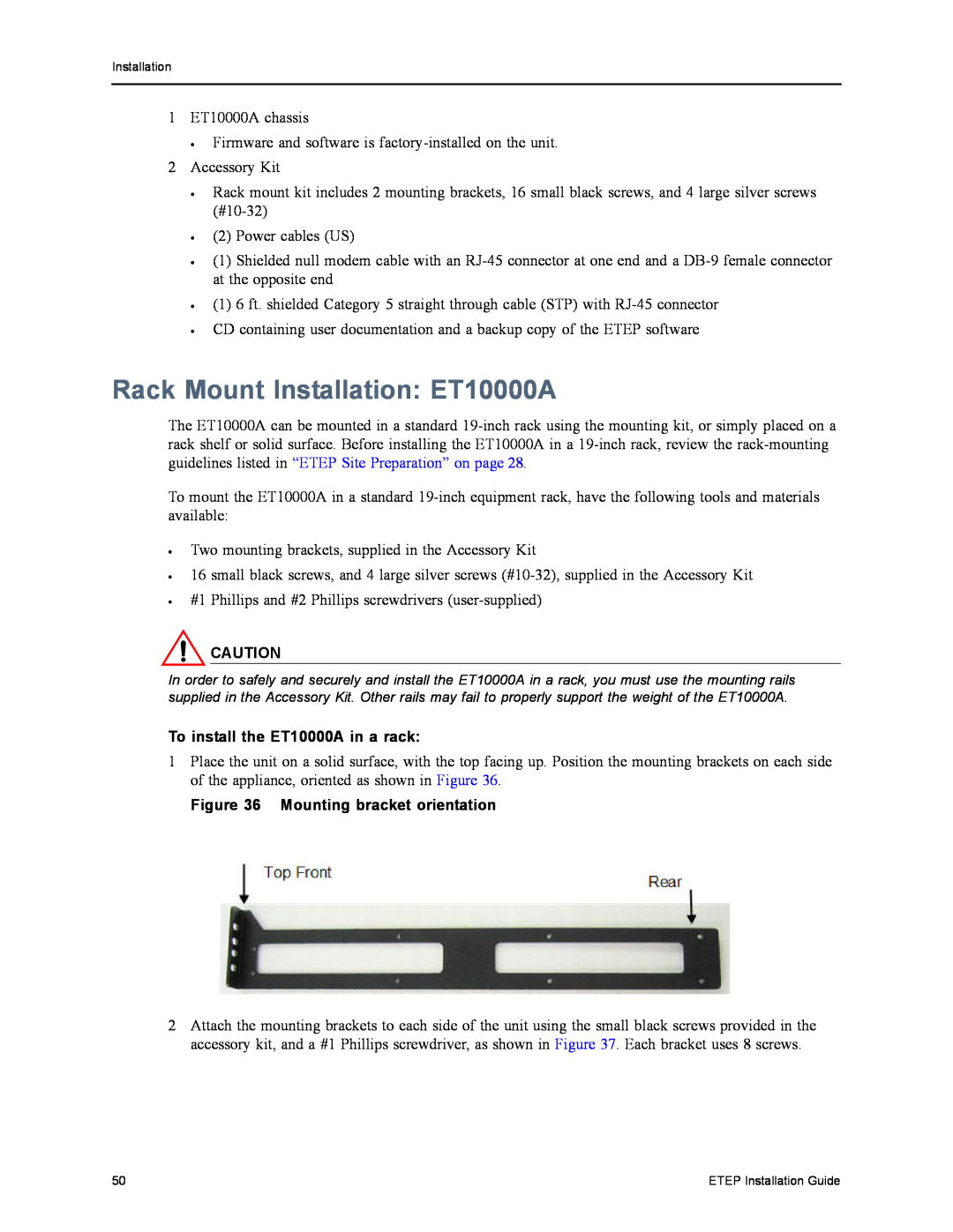 Black Box ET1000A manual Rack Mount Installation ET10000A, To install the ET10000A in a rack, Mounting bracket orientation 