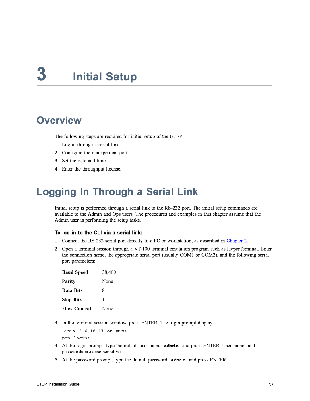 Black Box ET0100A Initial Setup, Overview, Logging In Through a Serial Link, To log in to the CLI via a serial link, None 