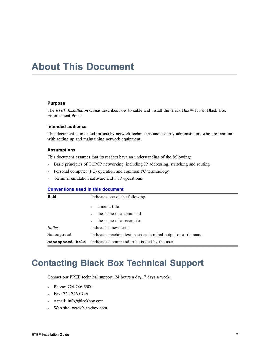 Black Box ET0100A About This Document, Contacting Black Box Technical Support, Purpose, Intended audience, Assumptions 