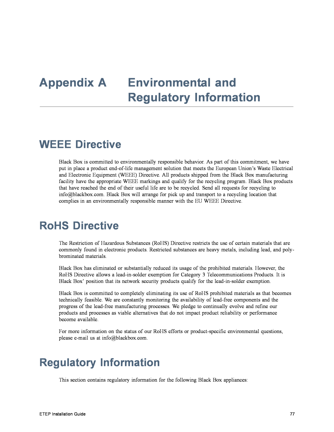 Black Box ET0100A, ET1000A, ET0010A Appendix A Environmental and Regulatory Information, WEEE Directive, RoHS Directive 
