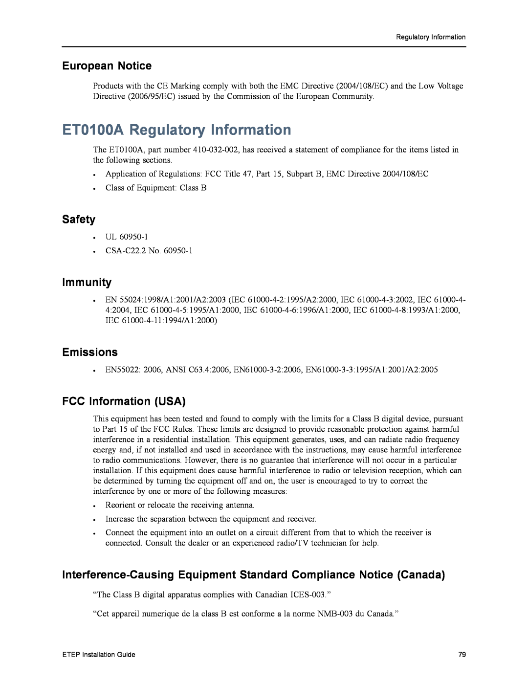 Black Box EncrypTight Enforcement Point (ETEP), ET1000A ET0100A Regulatory Information, European Notice, Safety, Immunity 