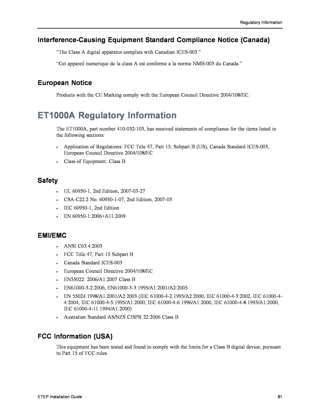 Black Box ET0010A, ET0100A, ET10000A Emi/Emc, ET1000A Regulatory Information, European Notice, Safety, FCC Information USA 