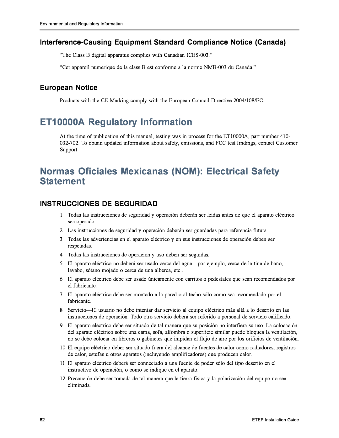 Black Box ET0100A, ET1000A ET10000A Regulatory Information, Normas Oficiales Mexicanas NOM Electrical Safety Statement 