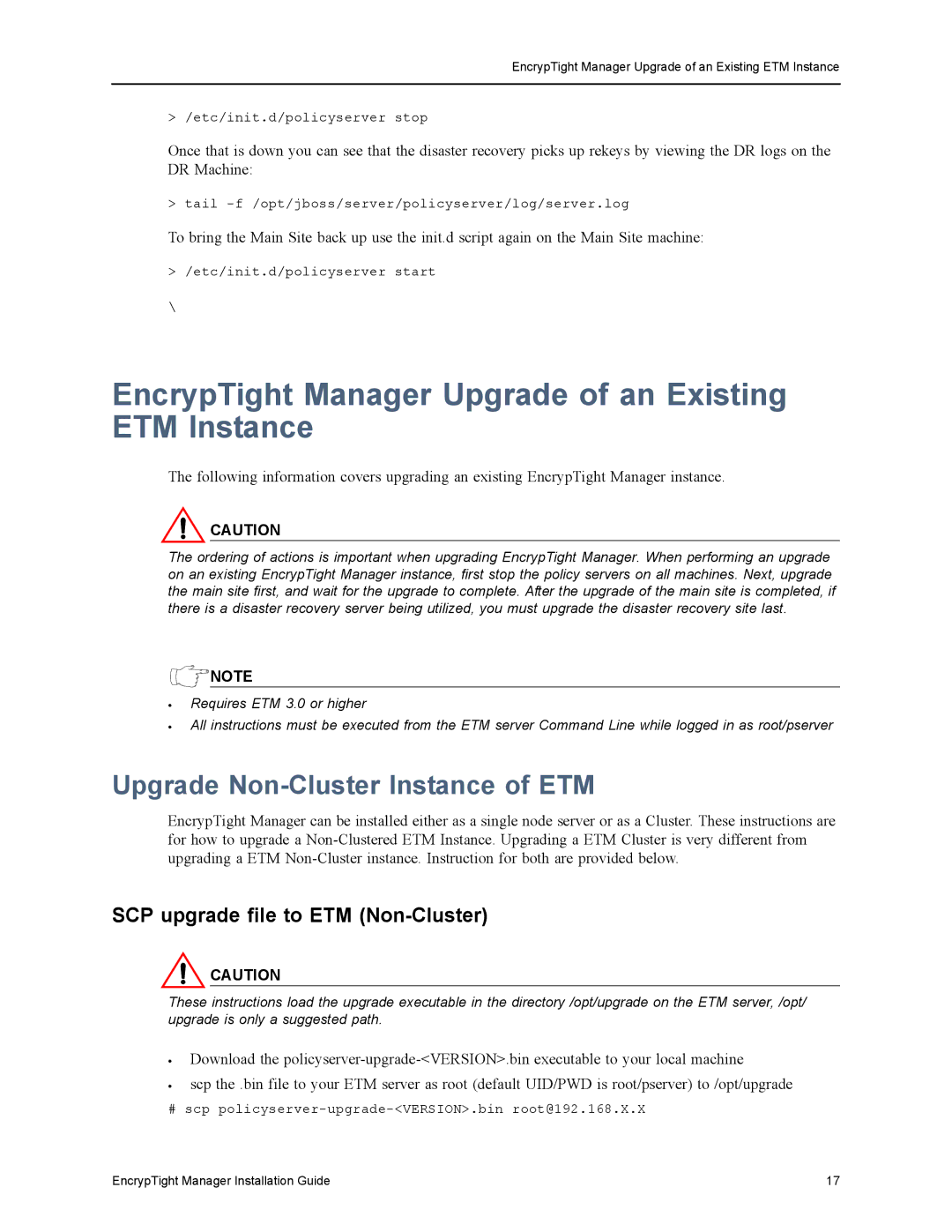 Black Box ET0100A, ET1000A EncrypTight Manager Upgrade of an Existing ETM Instance, Upgrade Non-Cluster Instance of ETM 