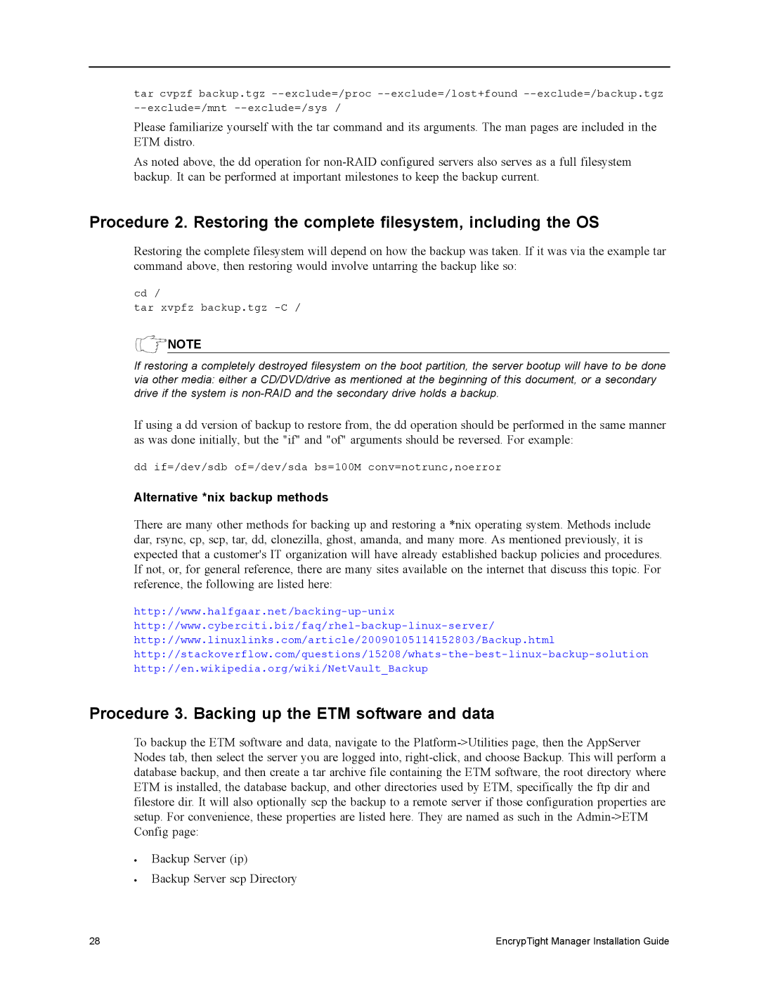 Black Box ET10000A, ET1000A, ET0010A Procedure 3. Backing up the ETM software and data, Alternative *nix backup methods 