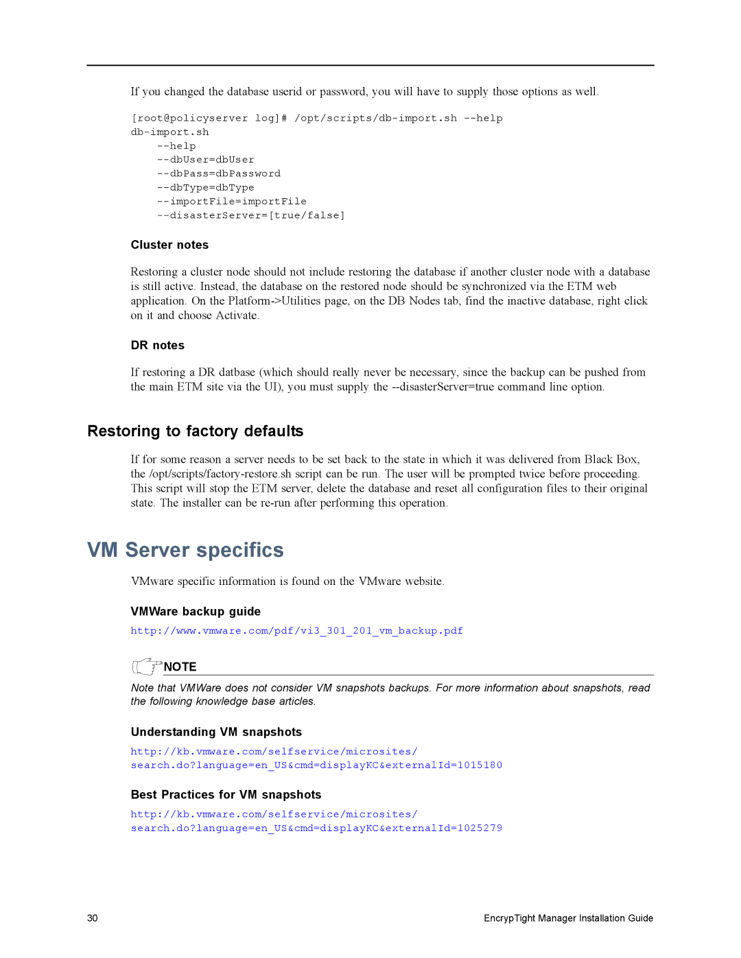 Black Box ET1000A, ET0010A, ET0100A, ET10000A VM Server specifics, Restoring to factory defaults, Cluster notes, DR notes 