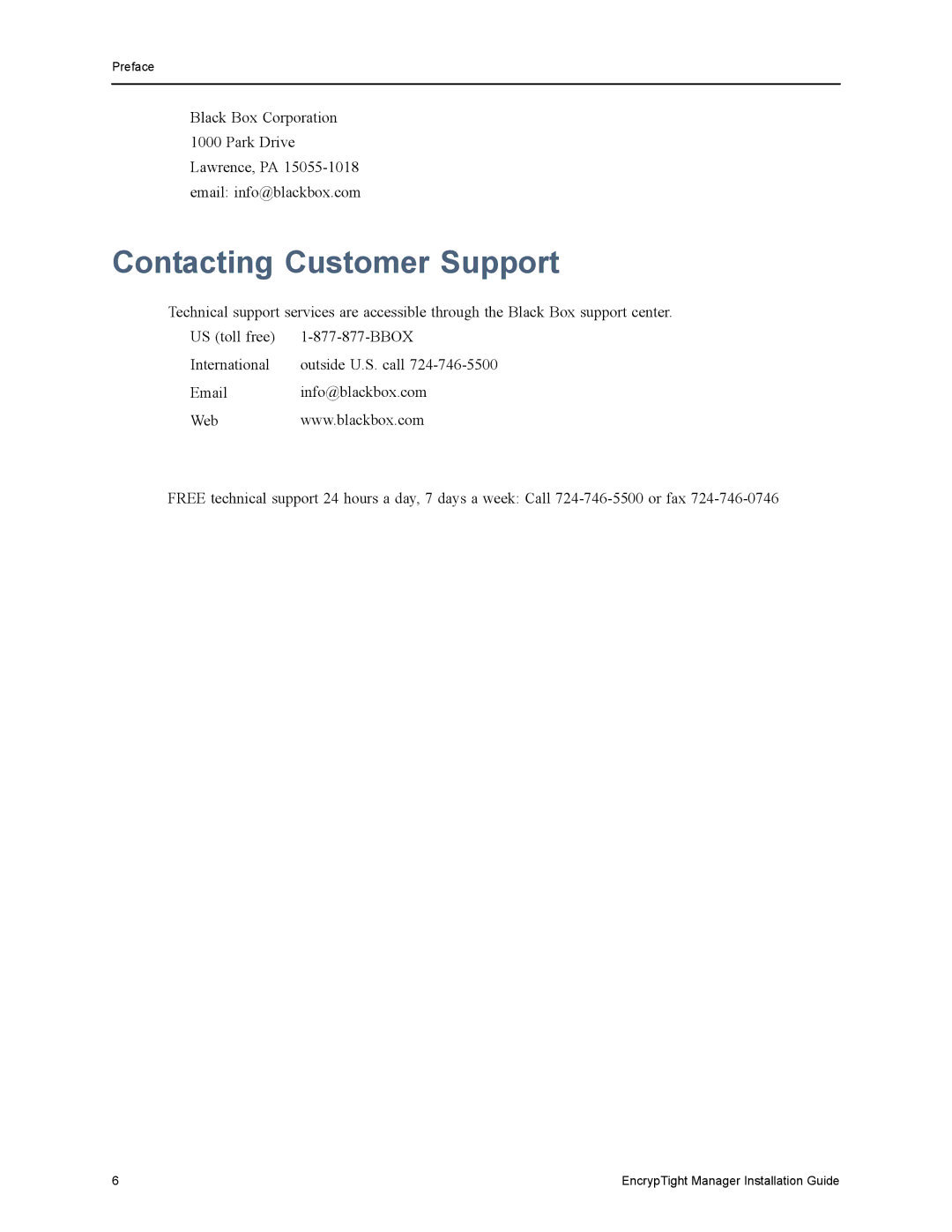 Black Box ET0010A, ET1000A, ET0100A, ET10000A, The EncrypTight manual Contacting Customer Support 