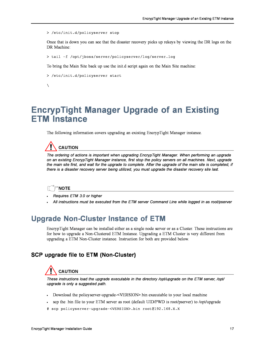 Black Box ET0100A, ET1000A EncrypTight Manager Upgrade of an Existing ETM Instance, Upgrade Non-Cluster Instance of ETM 