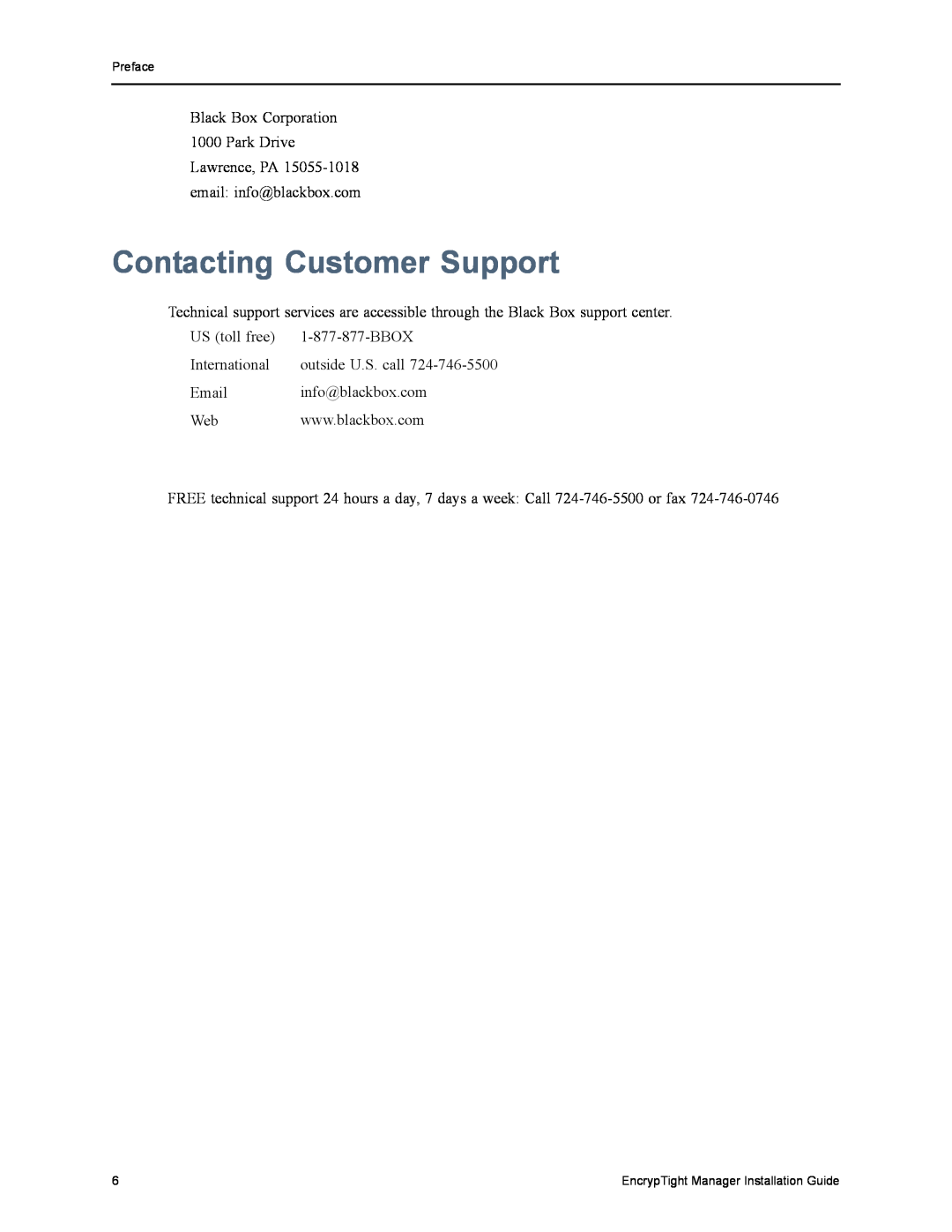 Black Box ET0010A, ET1000A, ET0100A, ET10000A, The EncrypTight manual Contacting Customer Support 