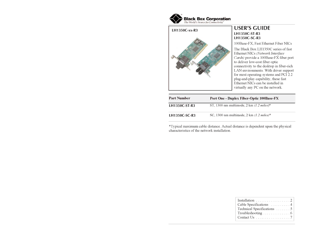 Black Box Ethernet NIC specifications LH1350C-xx-R3, LH1350C-ST-R3 LH1350C-SC-R3 