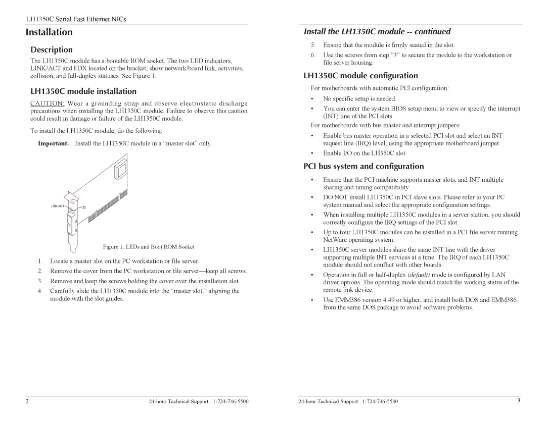 Black Box LH1350C-SC-R3, Ethernet NIC Installation, Description, LH1350C module installation, LH1350C module configuration 