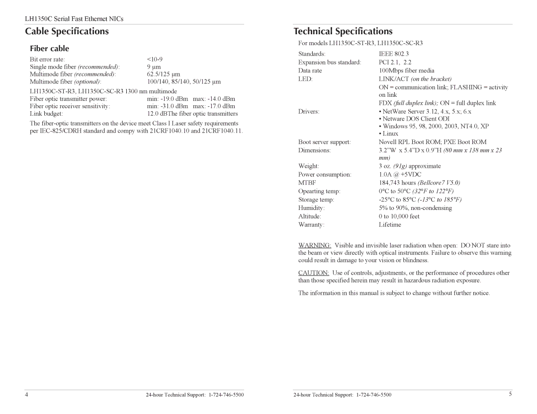 Black Box Ethernet NIC, LH1350C-ST-R3, LH1350C-SC-R3 Cable Specifications, Technical Specifications, Fiber cable 