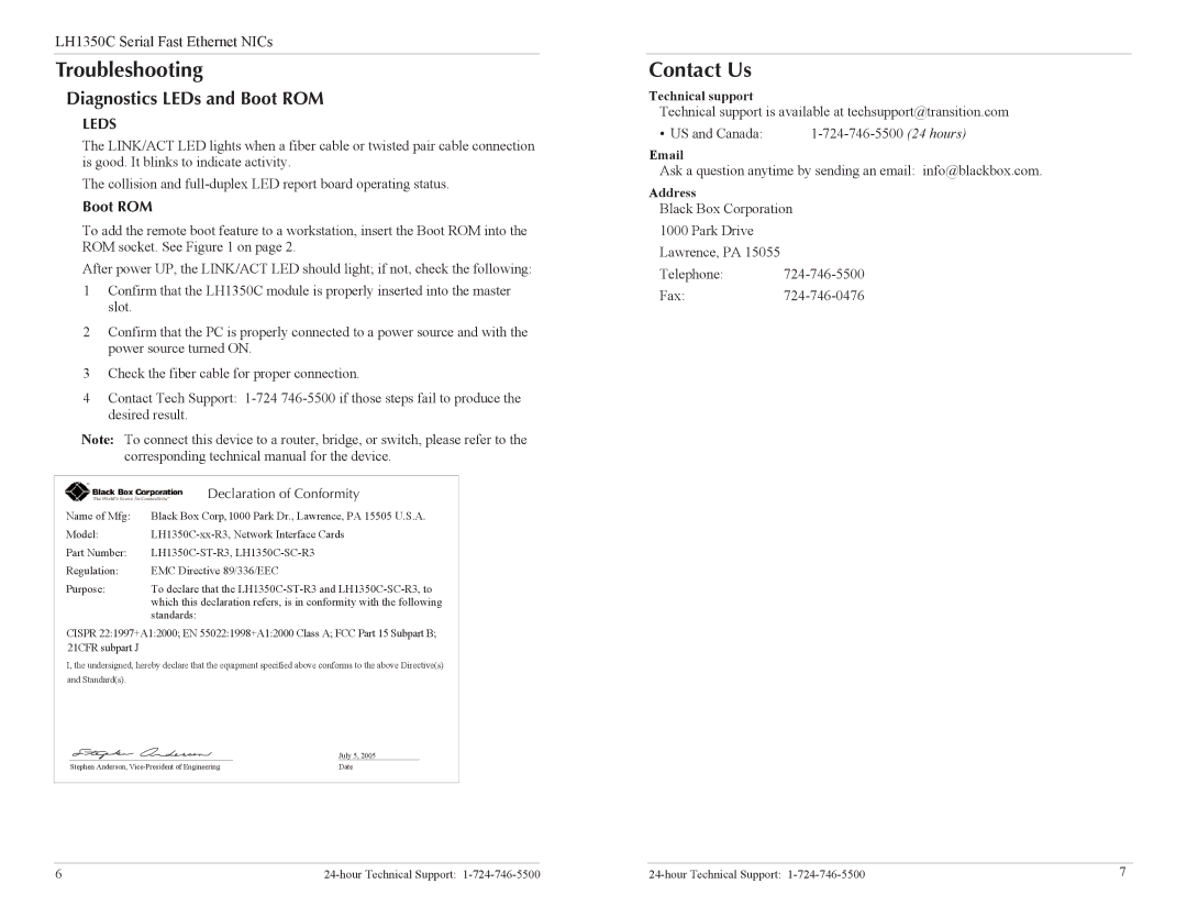 Black Box LH1350C-ST-R3, Ethernet NIC, LH1350C-SC-R3 Troubleshooting, Contact Us, Diagnostics LEDs and Boot ROM 