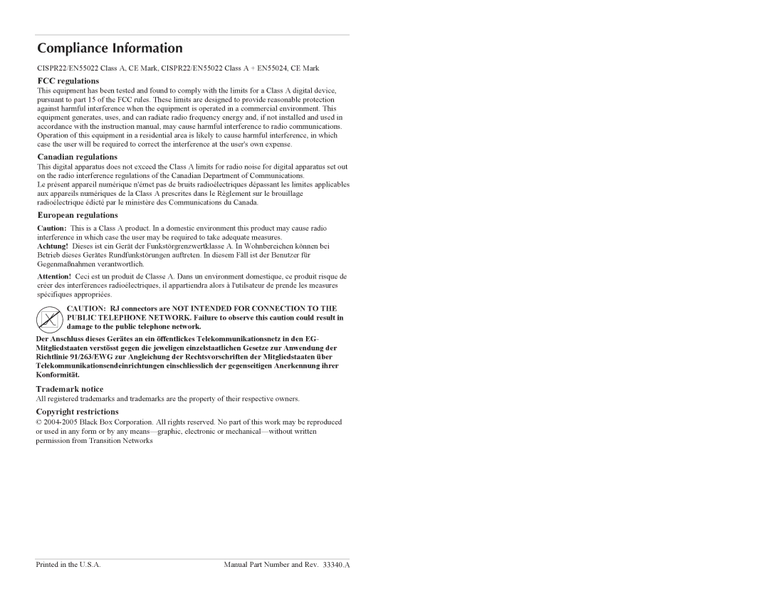 Black Box LH1350C-SC-R3, Ethernet NIC, LH1350C-ST-R3 Compliance Information, FCC regulations Canadian regulations 