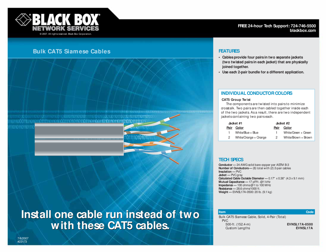 Black Box EVNSL17A-0500 manual Install one cable run instead of two with these CAT5 cables, Bulk CAT5 Siamese Cables, Pair 