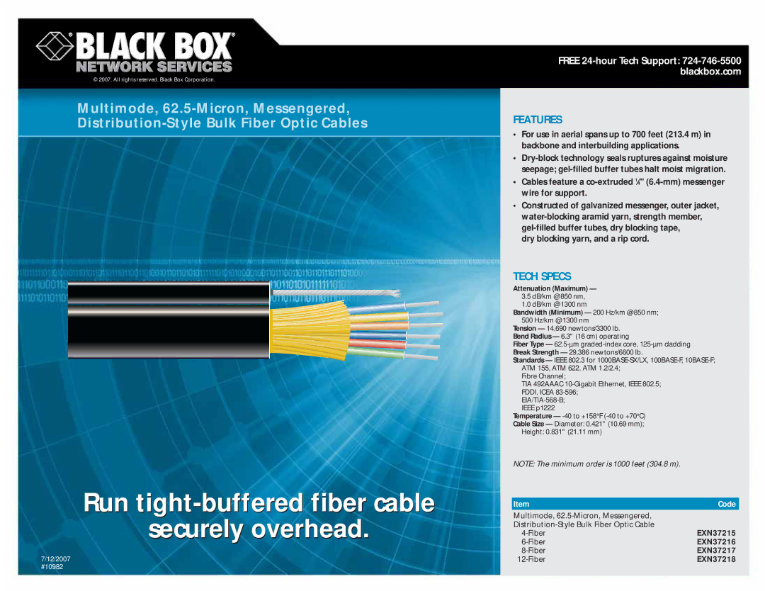 Black Box EXN37218, EXN37217, EXN37215 manual Run tight-buffered fiber cable Securely overhead, Features, Tech Specs, Code 