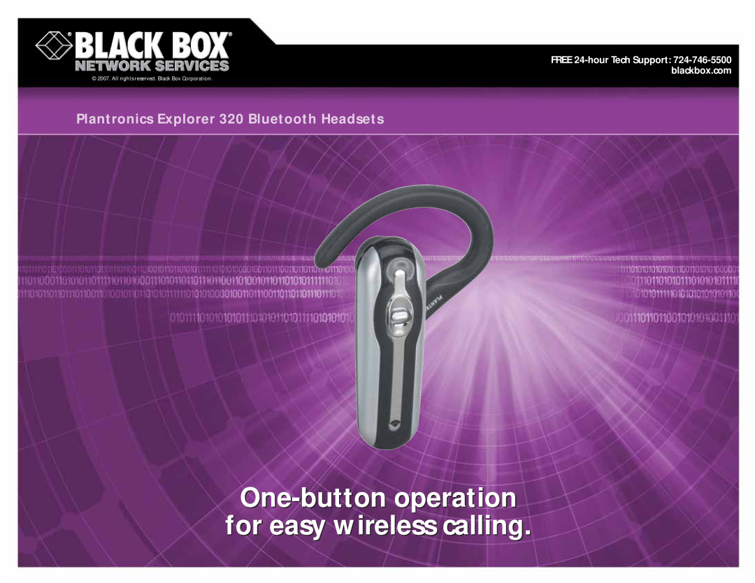 Black Box manual One-buttonoperation for easy wireless calling, Plantronics Explorer 320 Bluetooth Headsets 