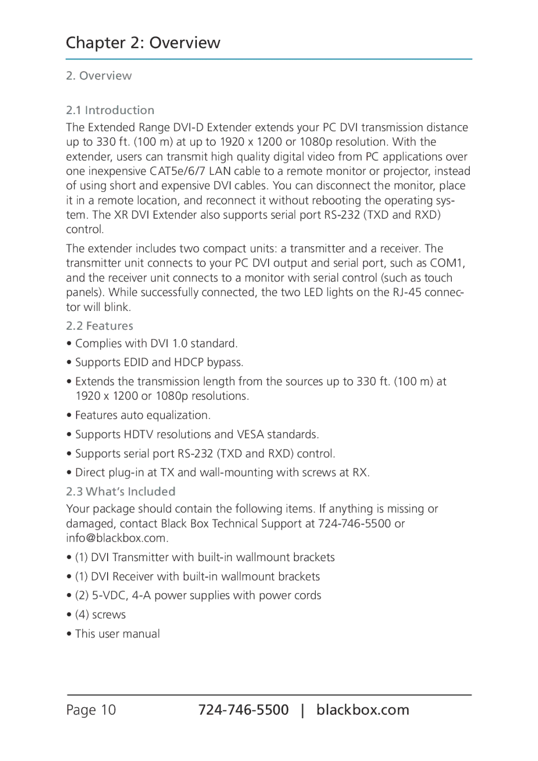 Black Box avx-dvi-tp-100m, extended range dvi-d externderwith audio and rs-232 manual Overview Introduction 