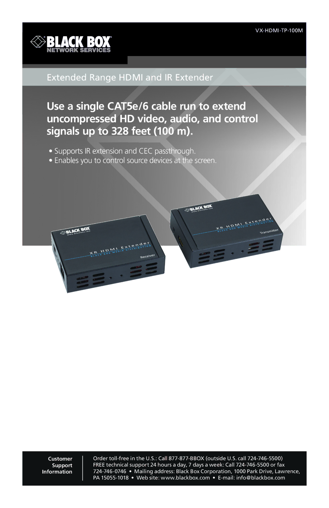 Black Box Extended Range HDMI and RI Extender, VX-HDMI-TP-100M manual Extended Range Hdmi and IR Extender 