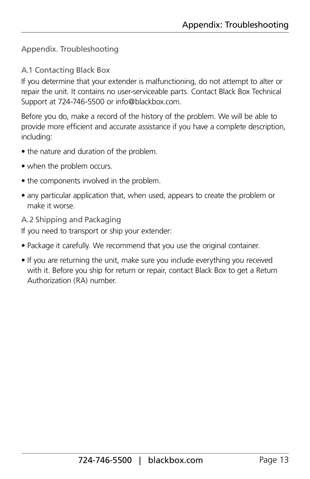 Black Box Extended Range HDMI and RI Extender Appendix Troubleshooting, Appendix. Troubleshooting Contacting Black Box 