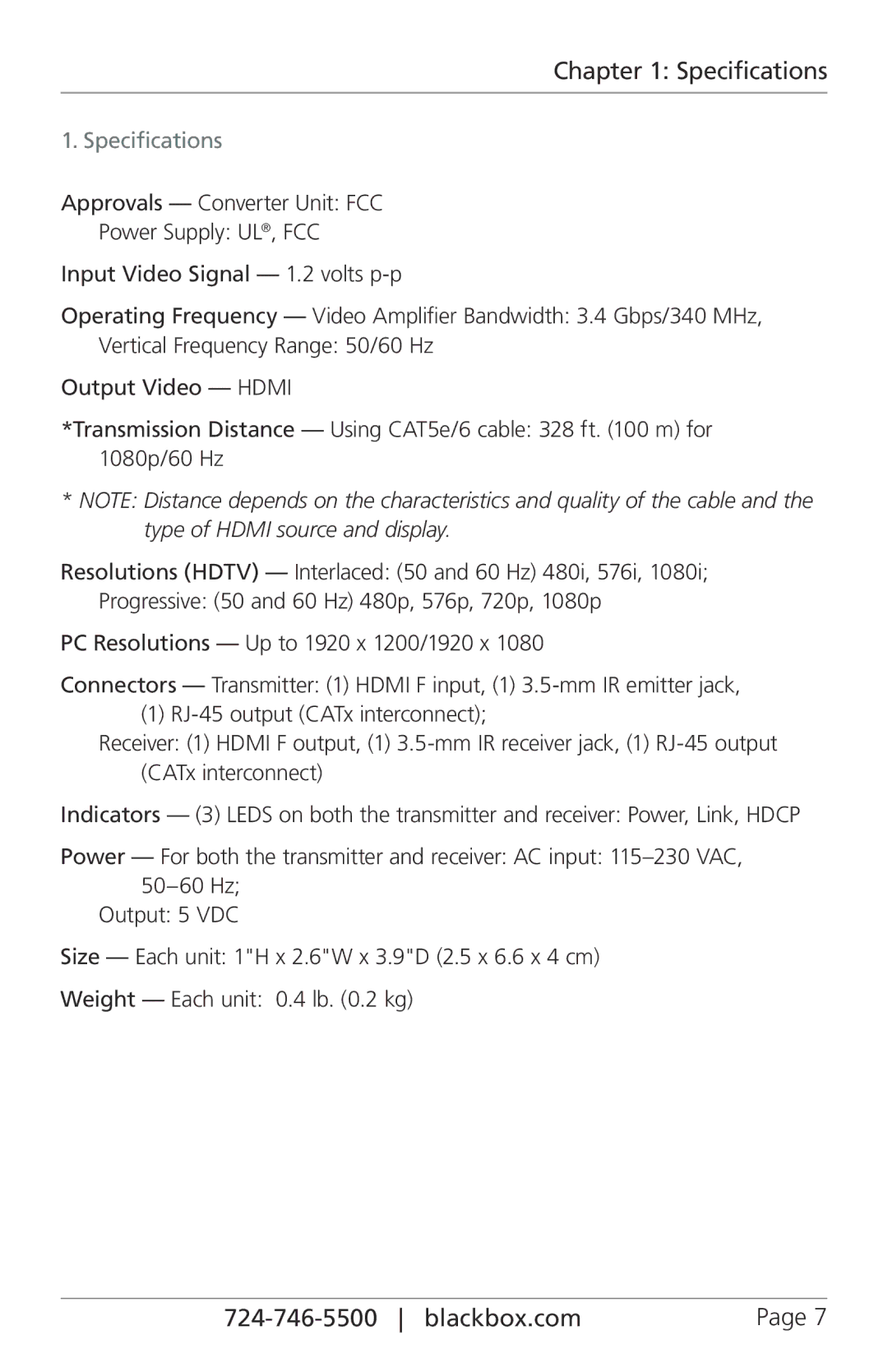 Black Box Extended Range HDMI and RI Extender, VX-HDMI-TP-100M manual Specifications 