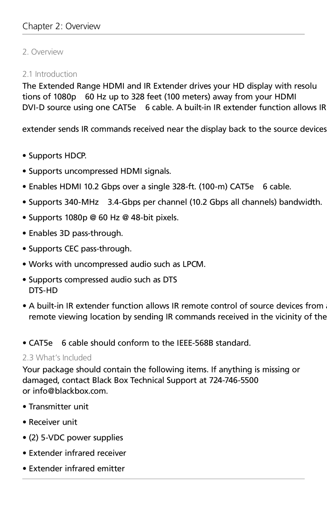 Black Box VX-HDMI-TP-100M, Extended Range HDMI and RI Extender manual Overview Introduction, Features, What’s Included 