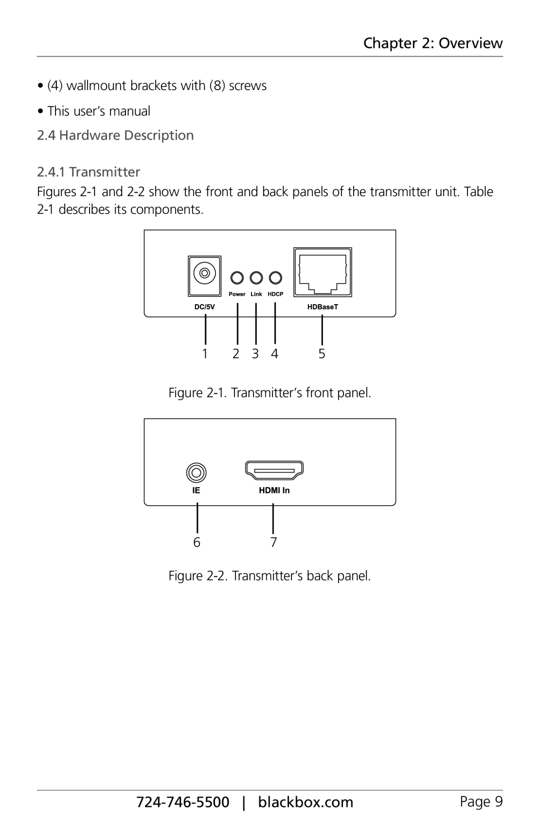 Black Box Extended Range HDMI and RI Extender, VX-HDMI-TP-100M Hardware Description Transmitter, Transmitter’s front panel 