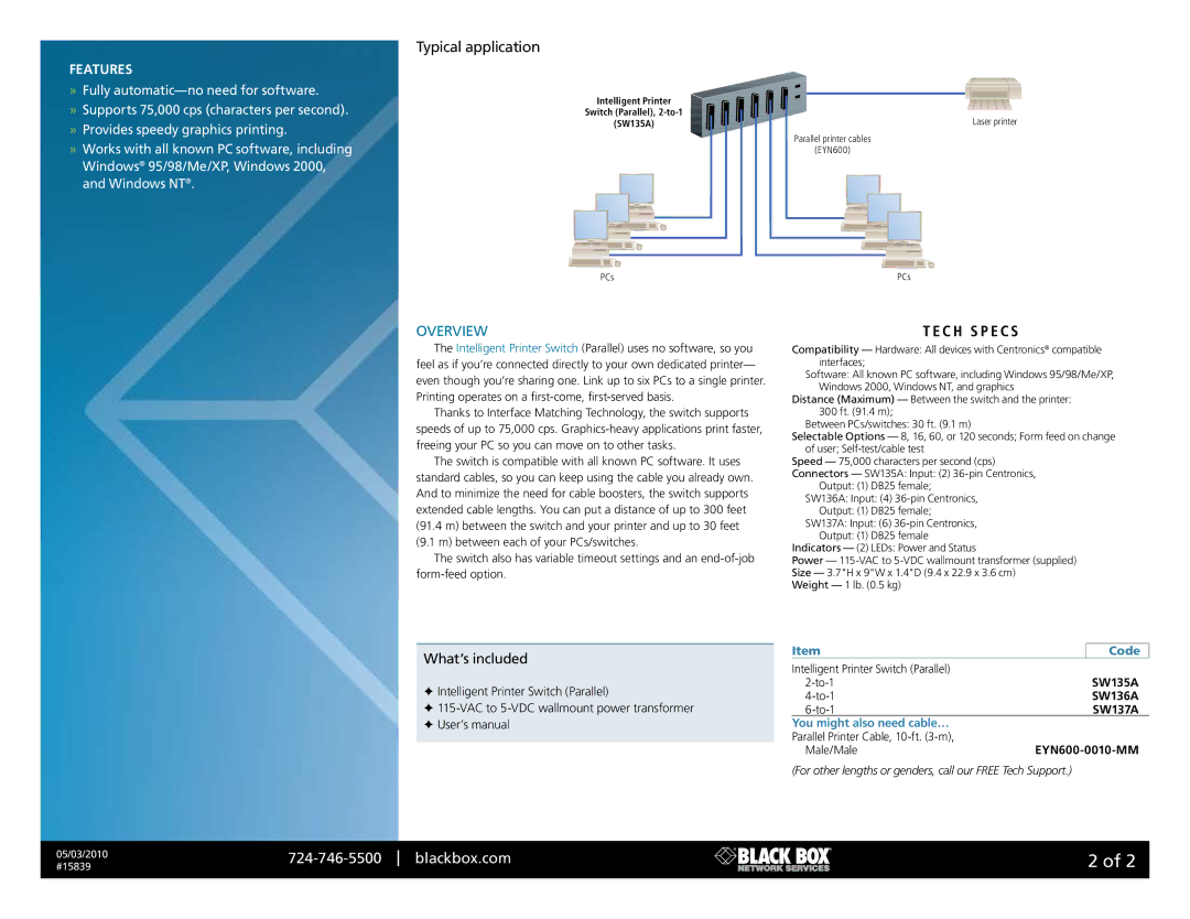 Black Box SW137A, EYN600, SW135A, SW136A, 15839 Typical application, Overview, C h S P e c s, What’s included, Blackbox.com 