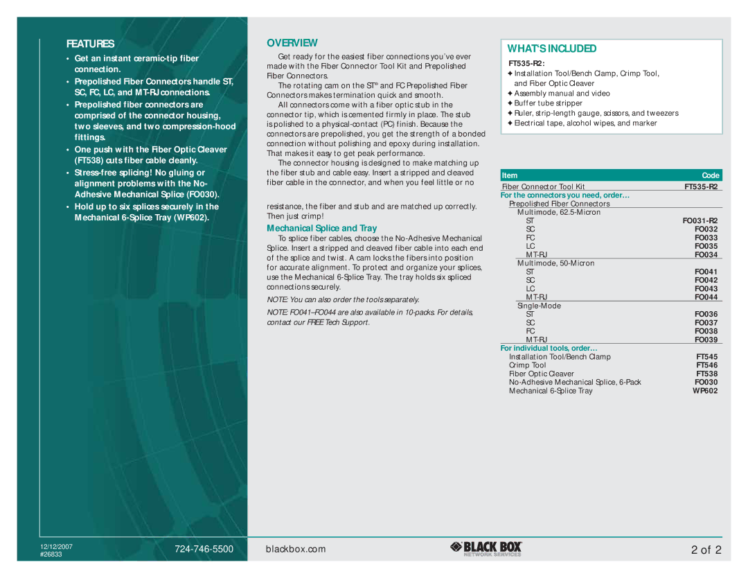 Black Box Fiber Connector Tool Kit manual Features, Overview, WHAT‘S Included, Mechanical Splice and Tray, Code 