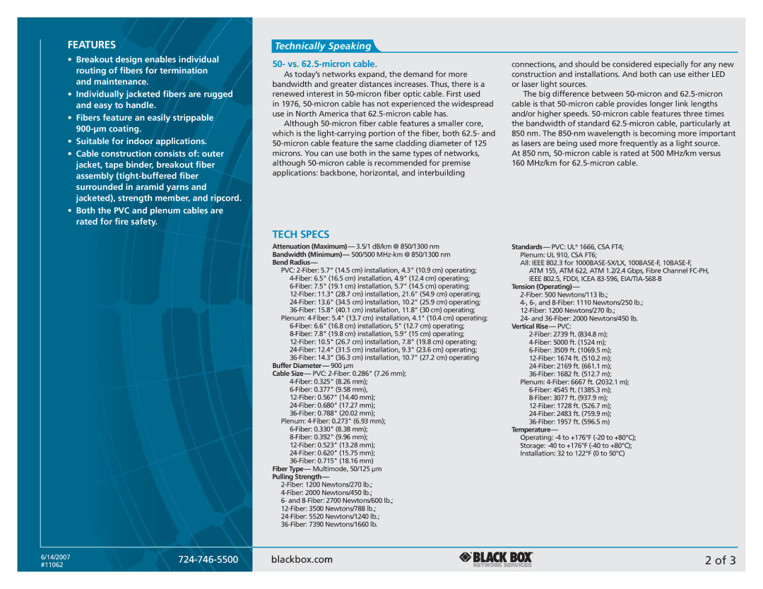 Black Box Fiber Optic Bulk Cable manual Features, Tech Specs, Technically Speaking, Vs .5-micron cable 