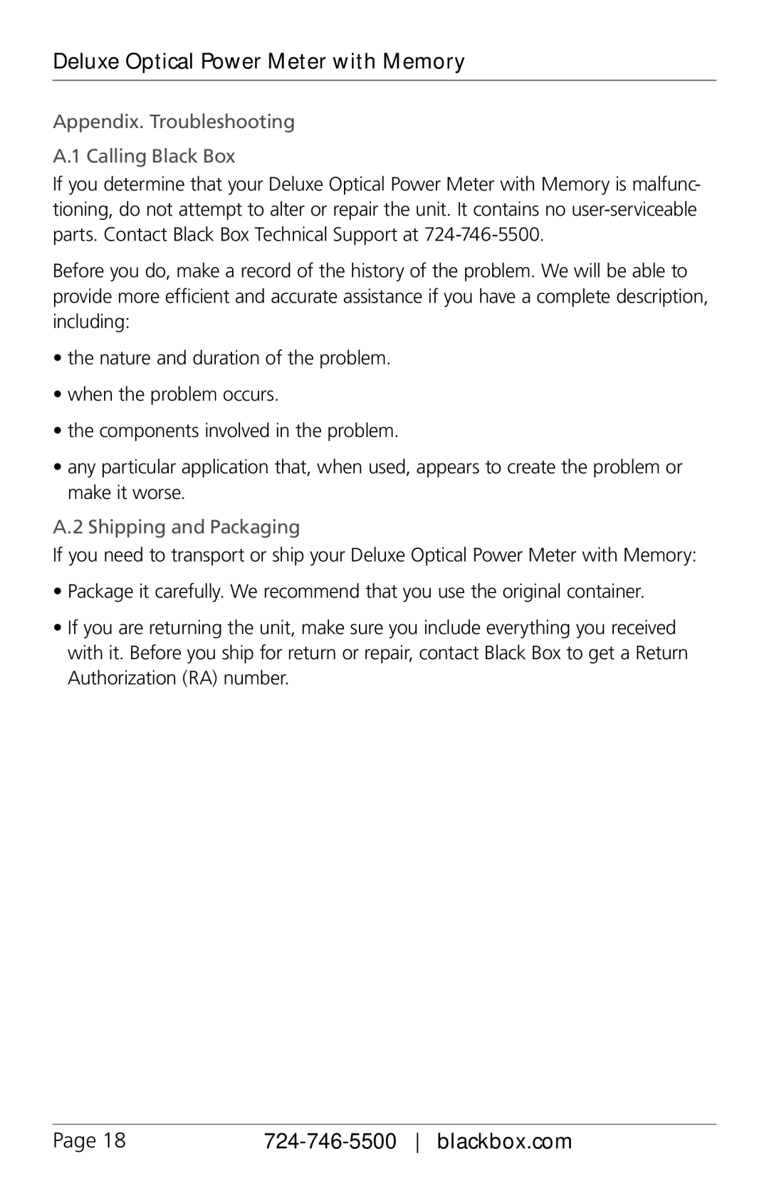 Black Box FOPM-210 manual Appendix. Troubleshooting Calling Black Box, Shipping and Packaging 