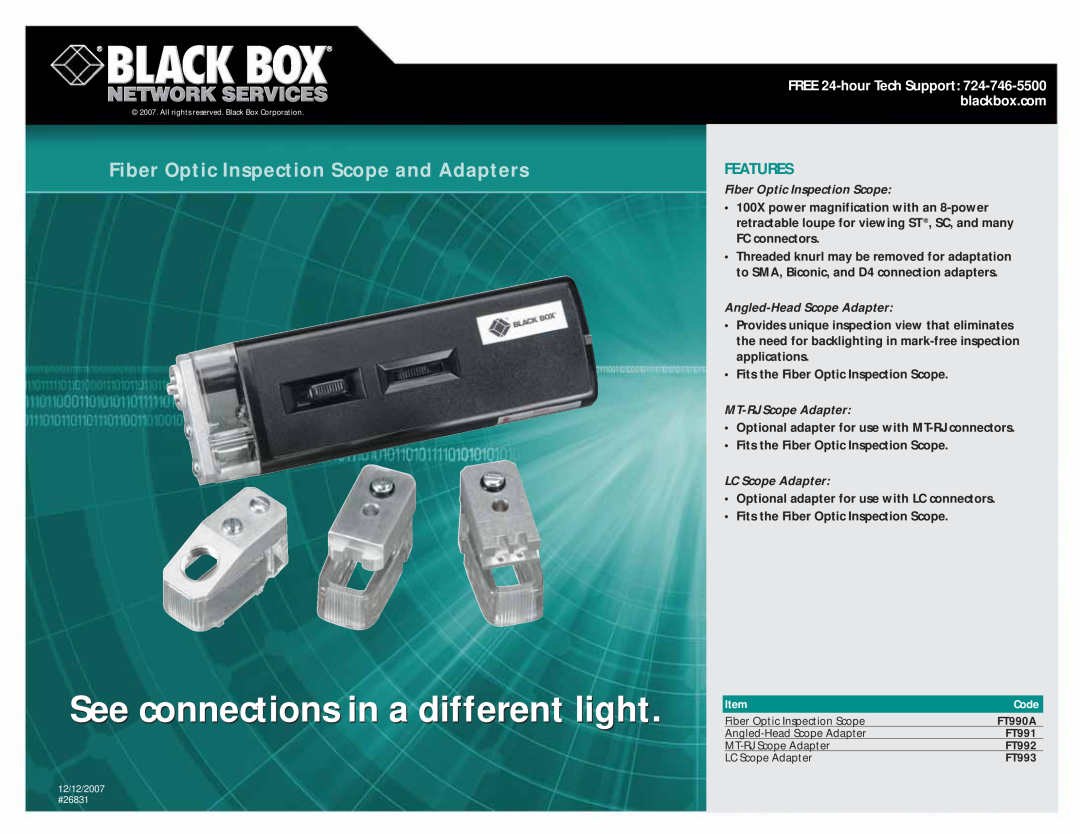 Black Box FT992, FT990A manual See connections in a different light, Fiber Optic Inspection Scope and Adapters, Features 