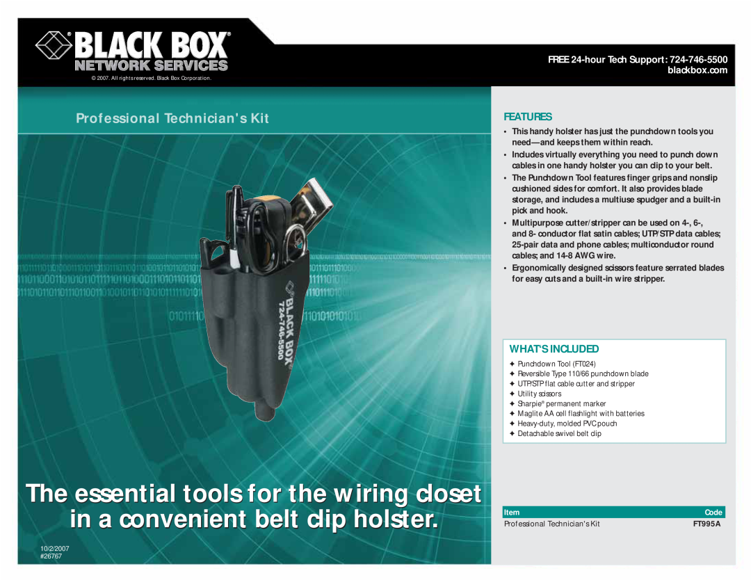 Black Box FT995A manual The essential tools for the wiring closet, in a convenient belt clip holster, Features 