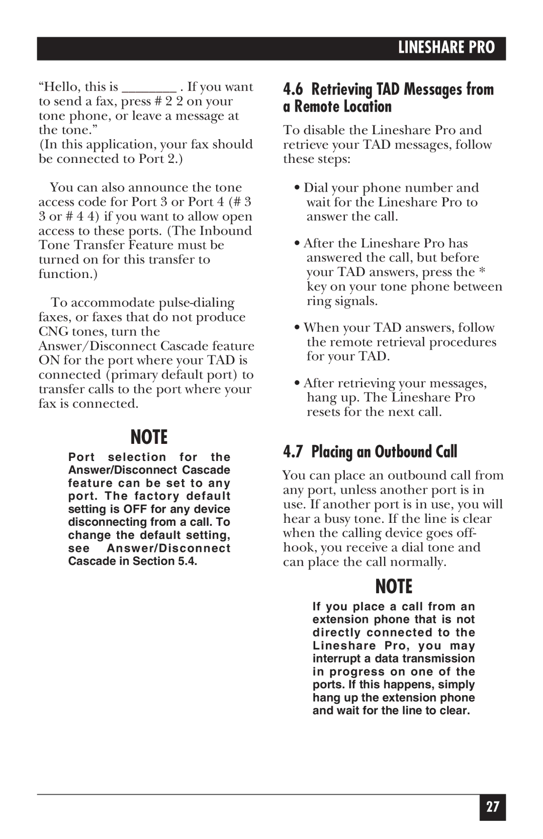 Black Box FX150A manual Placing an Outbound Call, Retrieving TAD Messages from a Remote Location 