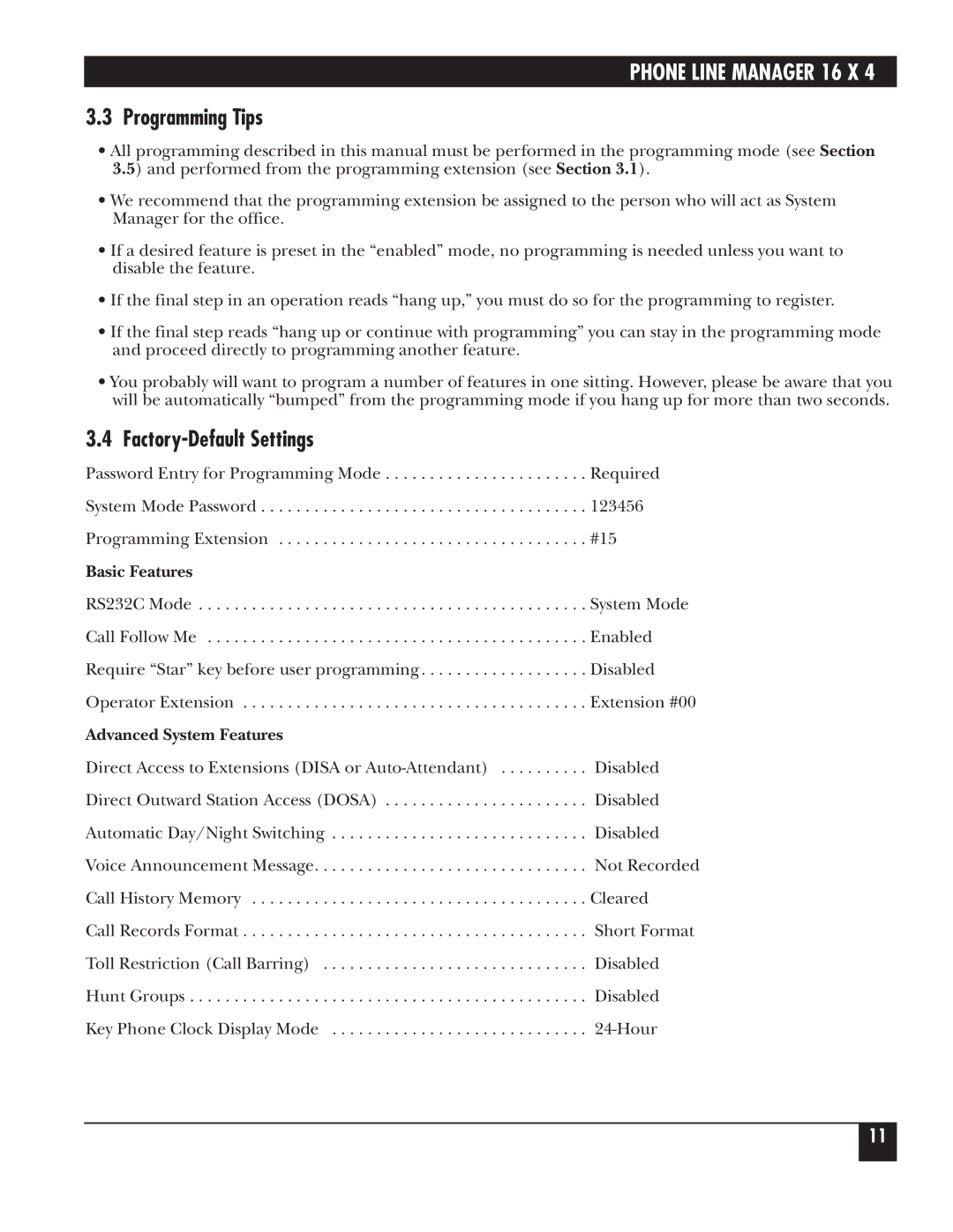 Black Box FX160A manual Programming Tips, Factory-Default Settings, Basic Features, Advanced System Features 