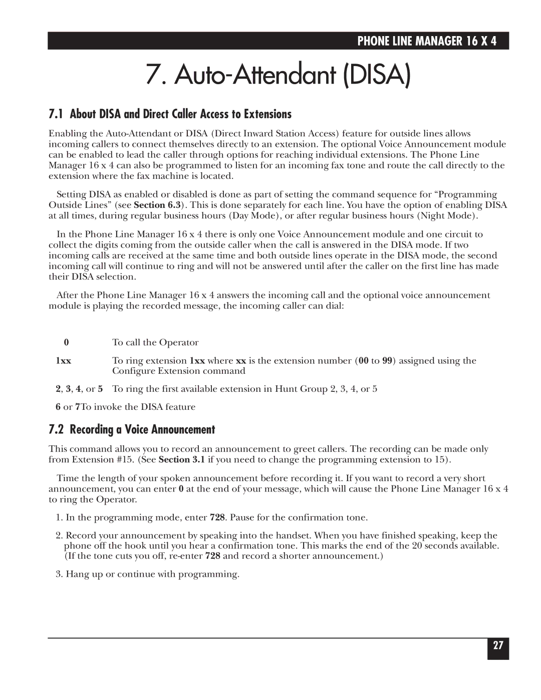 Black Box FX160A Auto-Attendant Disa, About Disa and Direct Caller Access to Extensions, Recording a Voice Announcement 