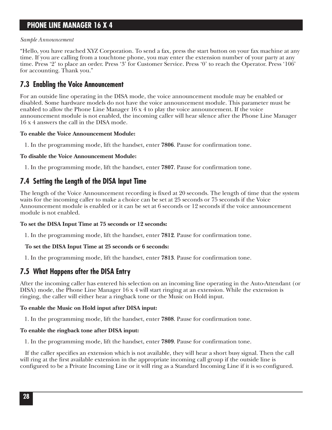 Black Box FX160A manual Enabling the Voice Announcement, Setting the Length of the Disa Input Time 