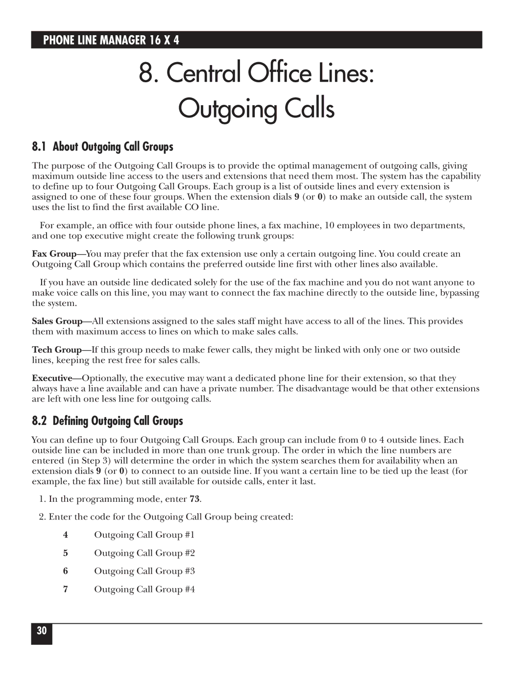 Black Box FX160A manual About Outgoing Call Groups, Defining Outgoing Call Groups 