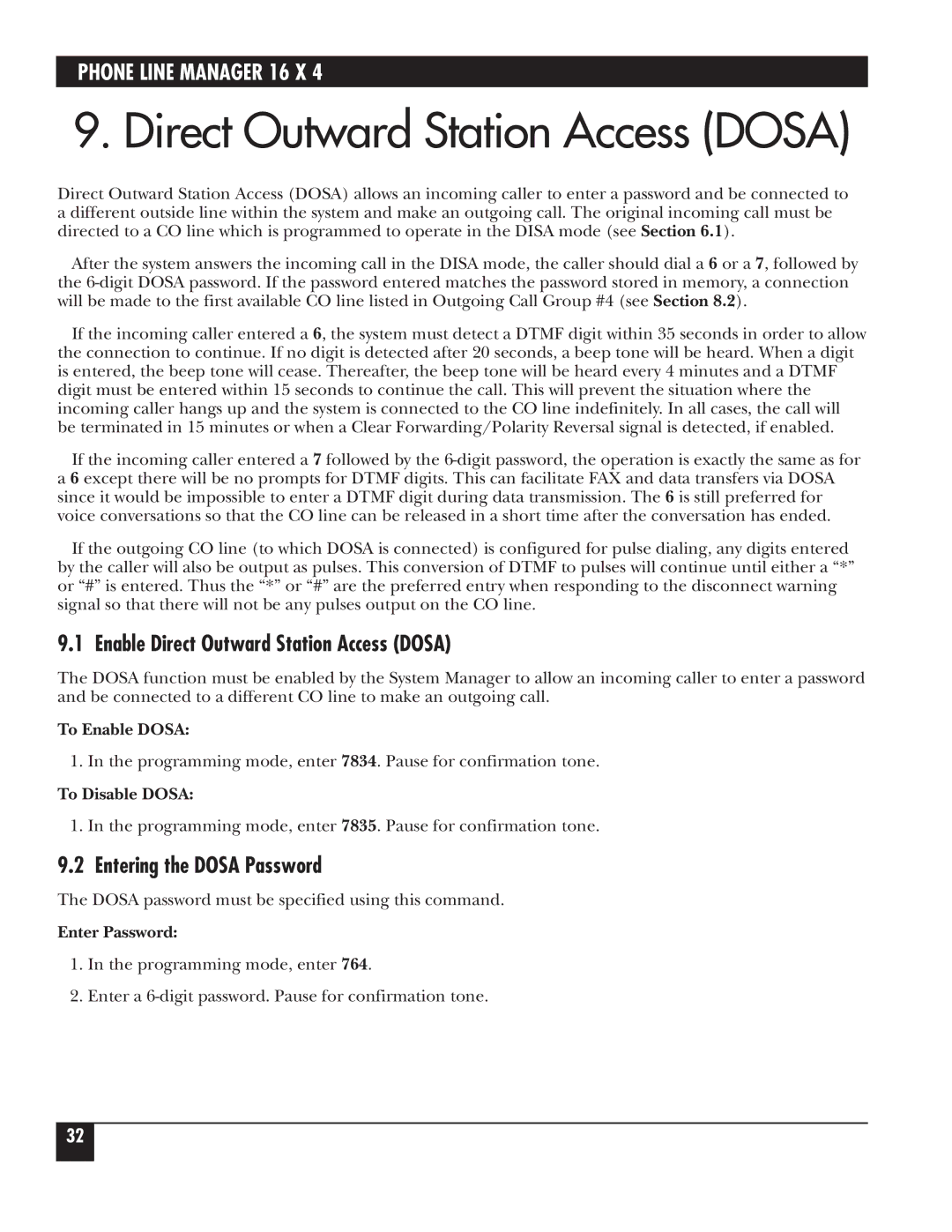 Black Box FX160A manual Enable Direct Outward Station Access Dosa, Entering the Dosa Password 