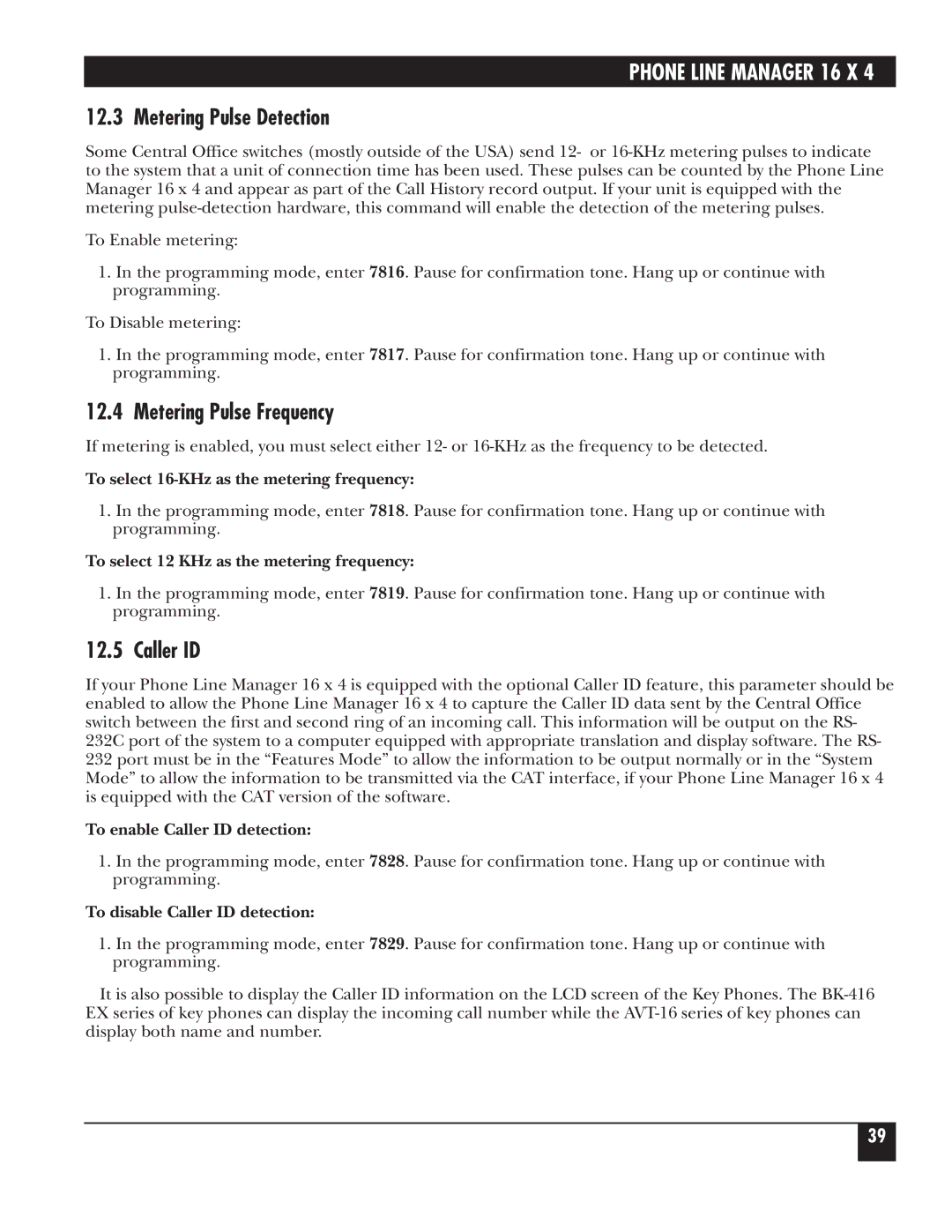 Black Box FX160A manual Metering Pulse Detection, Metering Pulse Frequency, Caller ID 