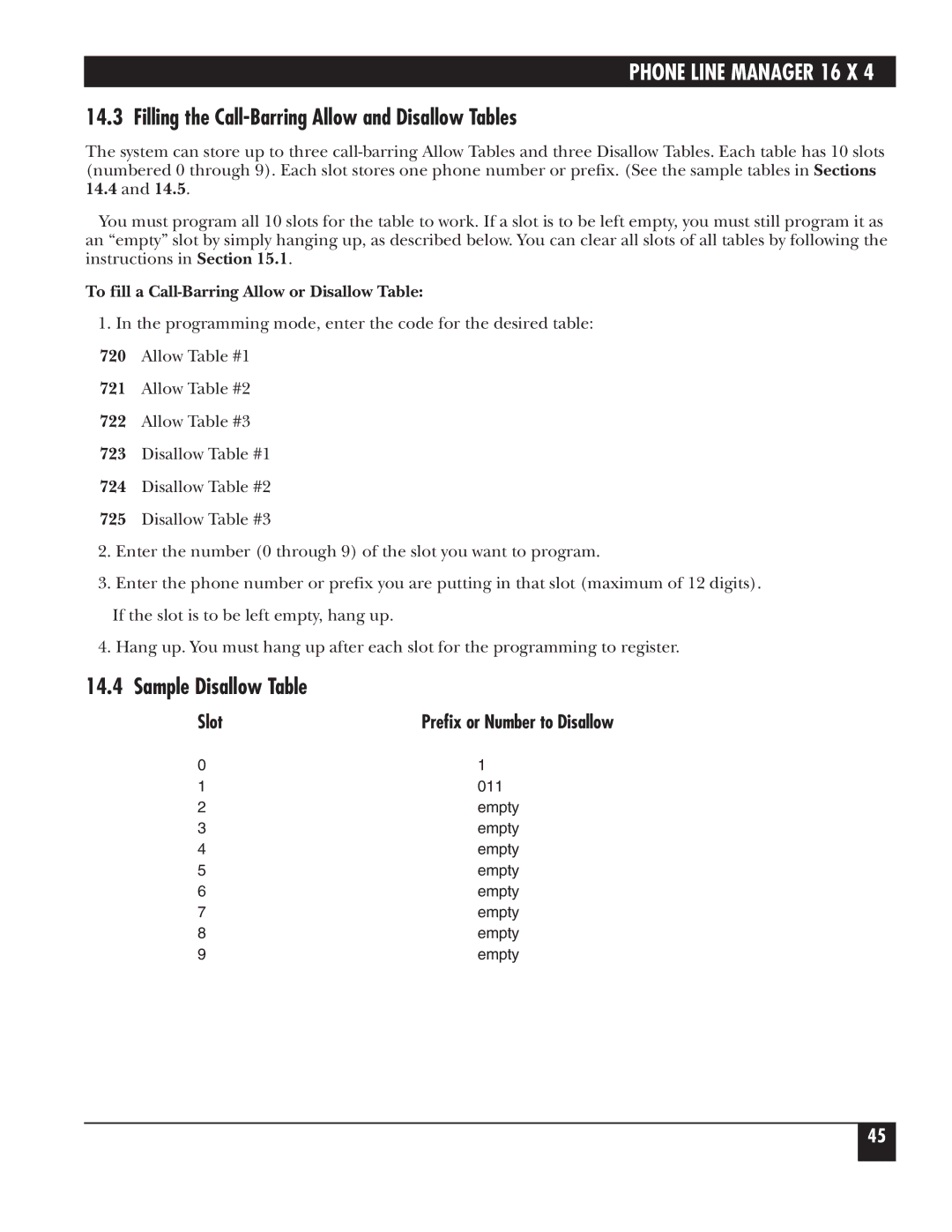 Black Box FX160A manual Filling the Call-Barring Allow and Disallow Tables, Sample Disallow Table 