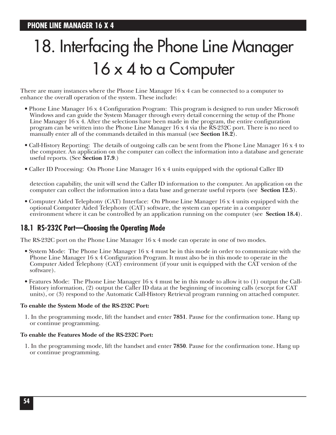 Black Box FX160A Interfacing the Phone Line Manager 16 x 4 to a Computer, 18.1 RS-232C Port-Choosing the Operating Mode 