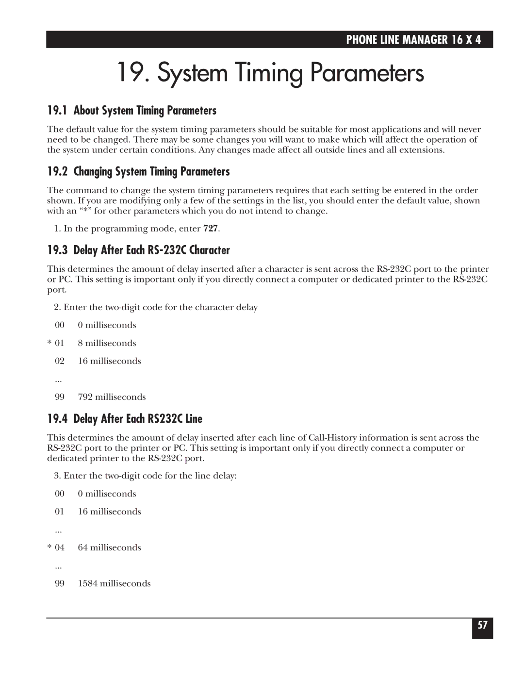 Black Box FX160A About System Timing Parameters, Changing System Timing Parameters, Delay After Each RS-232C Character 