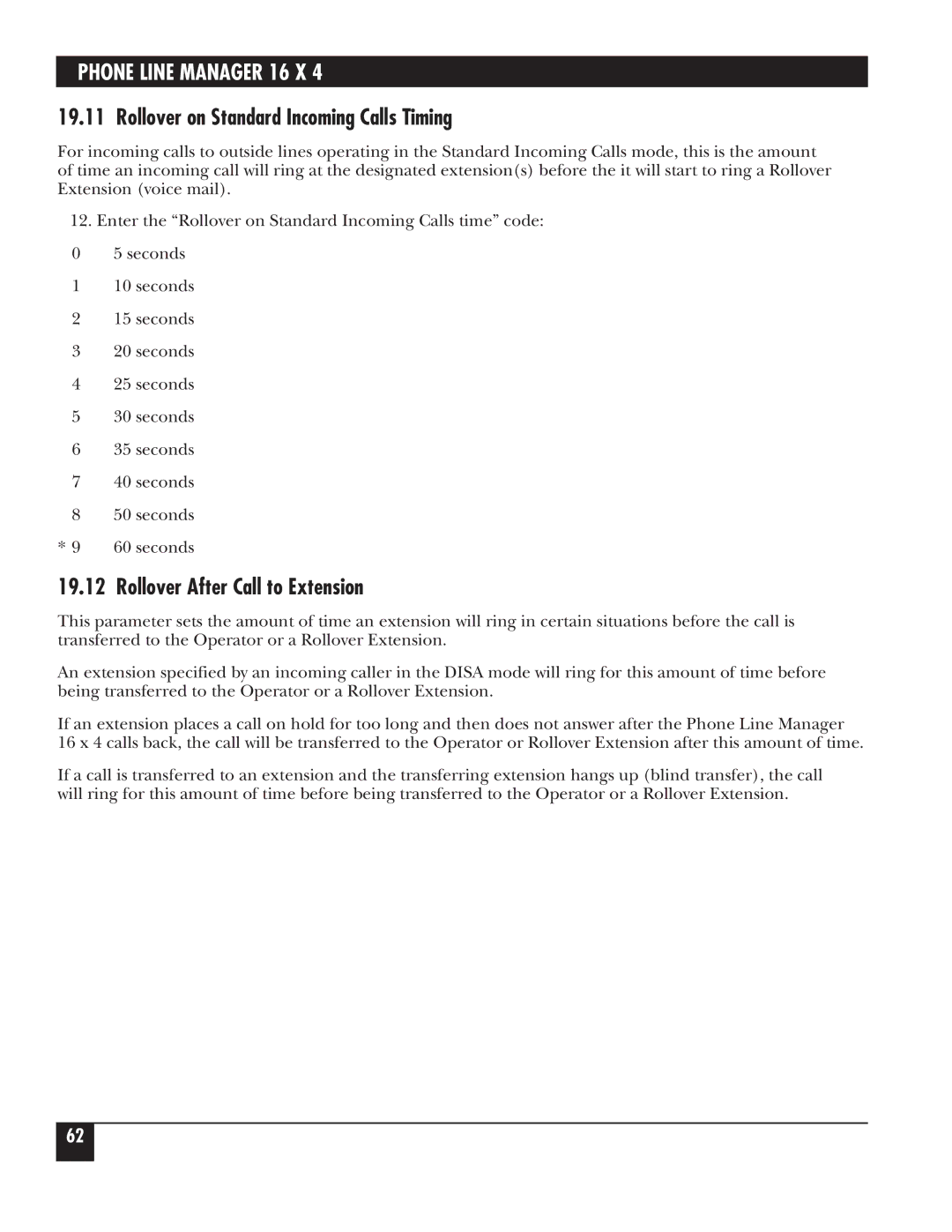 Black Box FX160A manual Rollover on Standard Incoming Calls Timing, Rollover After Call to Extension 