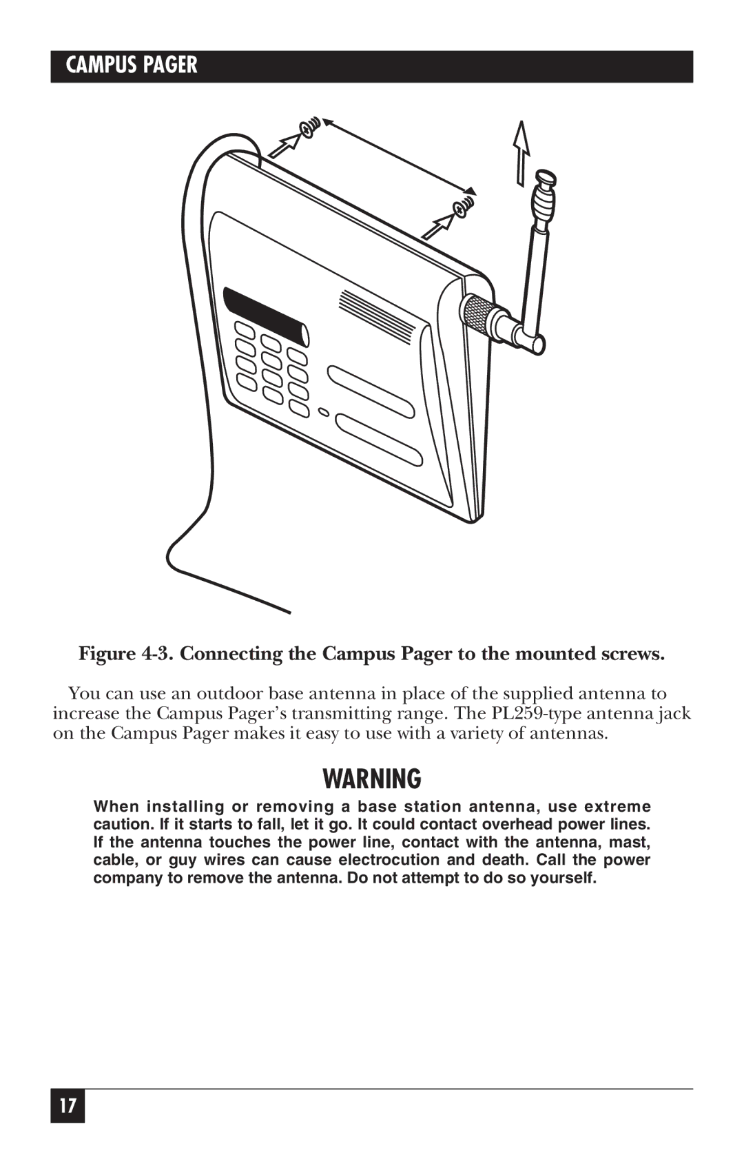 Black Box FX801A, FX810AE, FX802A, FX800AE manual Connecting the Campus Pager to the mounted screws 