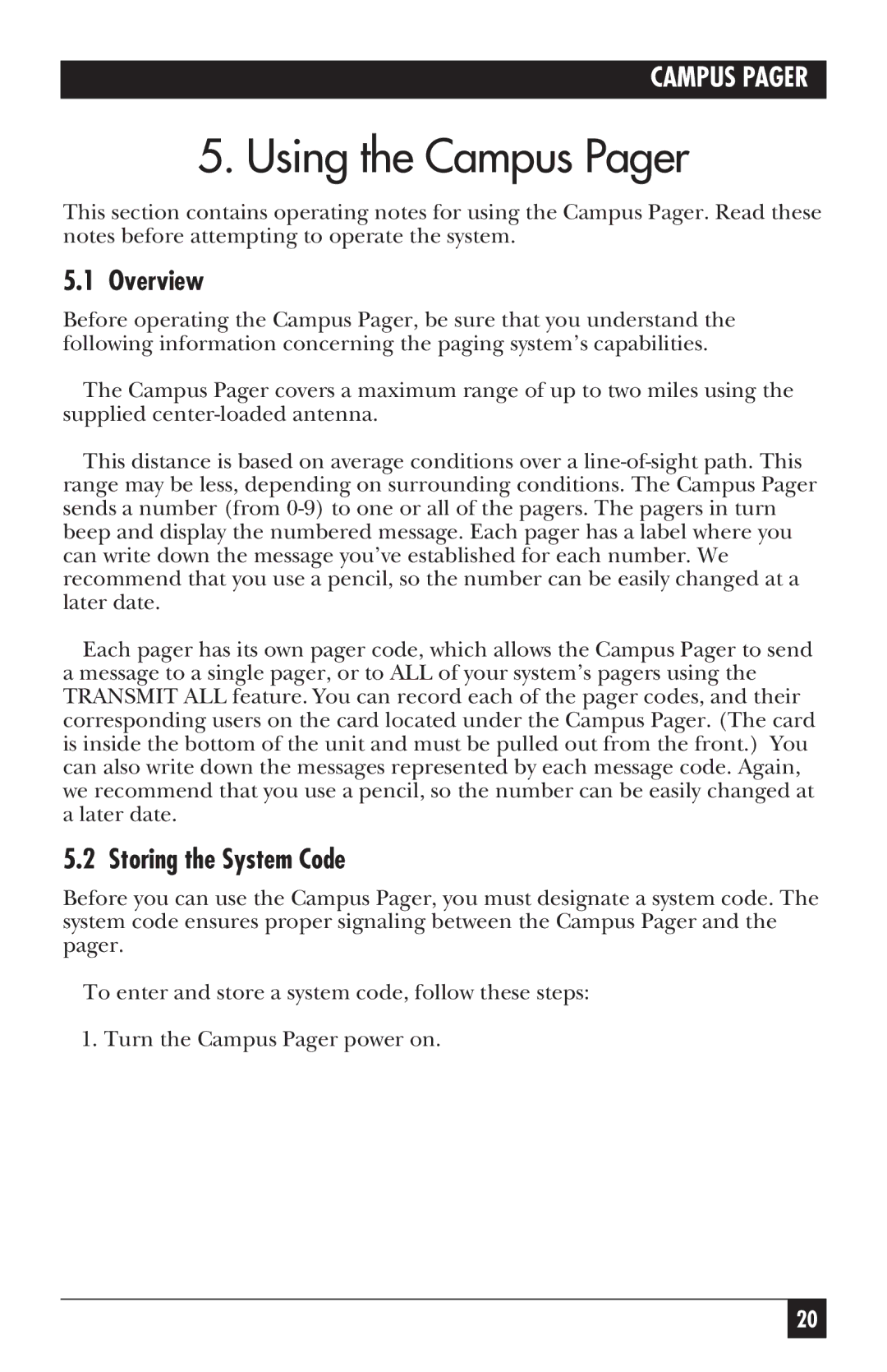 Black Box FX810AE, FX801A, FX802A, FX800AE manual Using the Campus Pager, Overview, Storing the System Code 